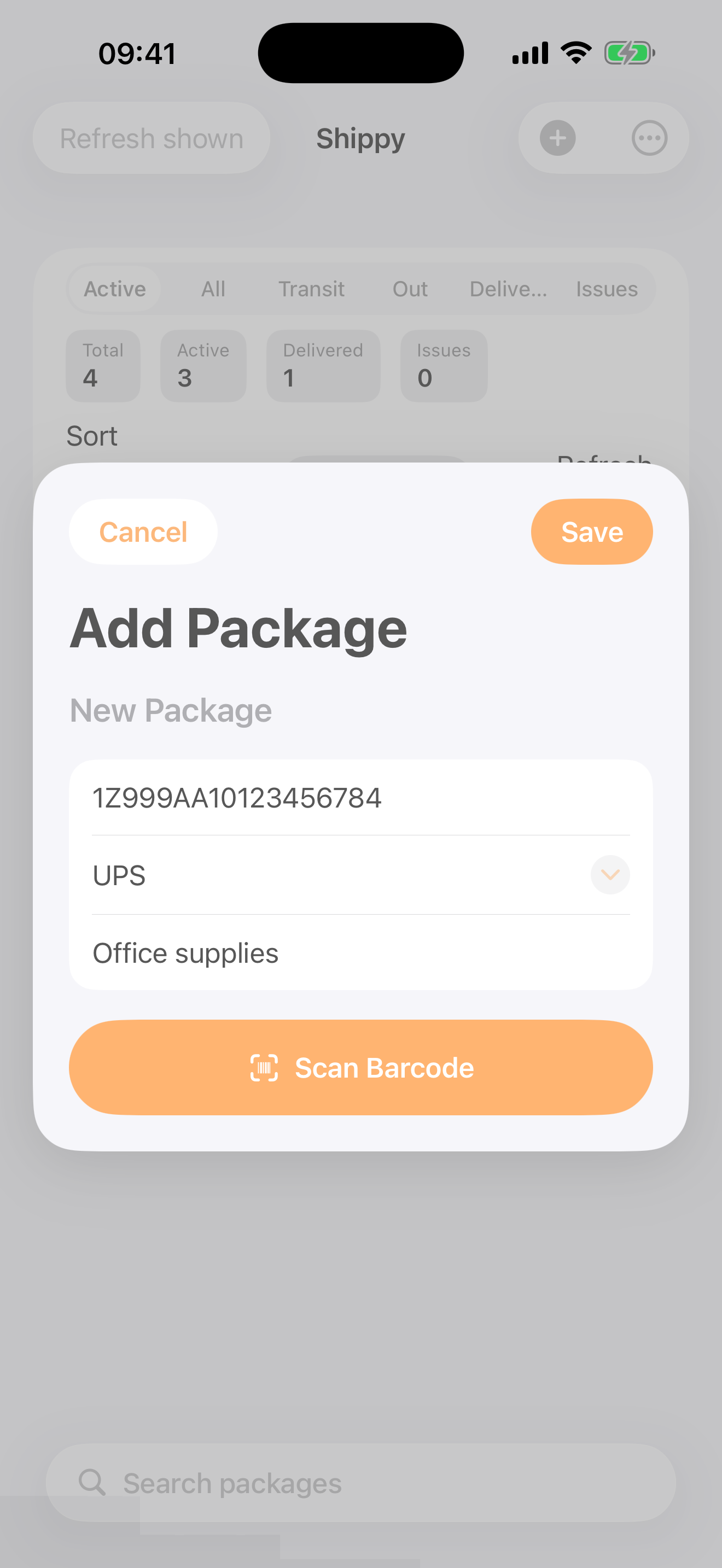 Unchanged real Shippy iPhone Add Package screen with the explicit demo reference 1Z999AA10123456784, UPS and Office Supplies